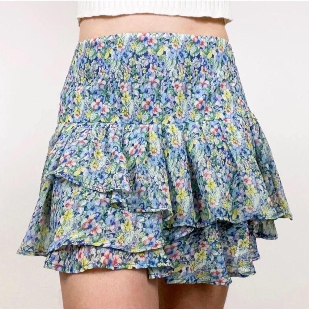 MNG Mango Blue Floral Multicolor Cottagecore Boho Ruffle Mini Skirt size 12